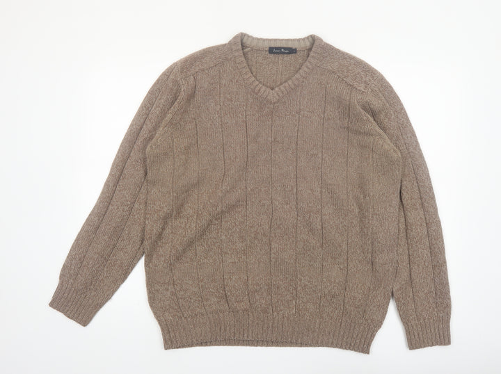 James Pringle Men's Beige Acrylic V-Neck Pullover Jumper L