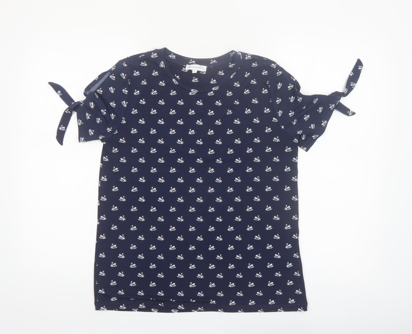 Warehouse Womens Blue Swan Print Tie Sleeve T-Shirt Size 10
