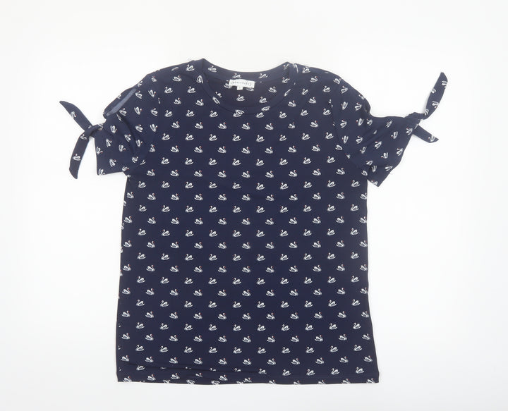 Warehouse Womens Blue Swan Print Tie Sleeve T-Shirt Size 10