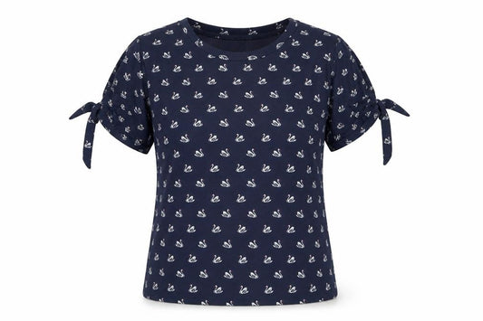 Front view of Warehouse women’s blue swan print tie sleeve t-shirt, size UK 10