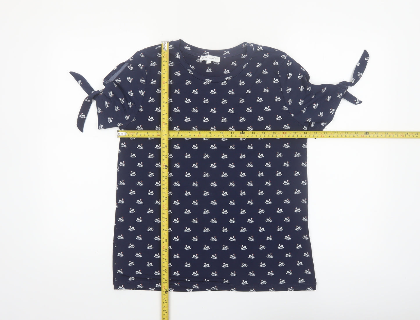 Warehouse Womens Blue Swan Print Tie Sleeve T-Shirt Size 10