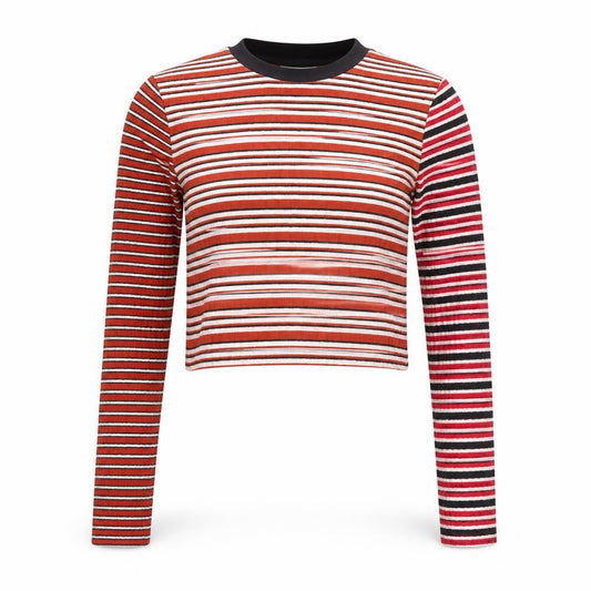 Front view of Topshop women’s multicoloured striped cropped long sleeve t-shirt uk 10