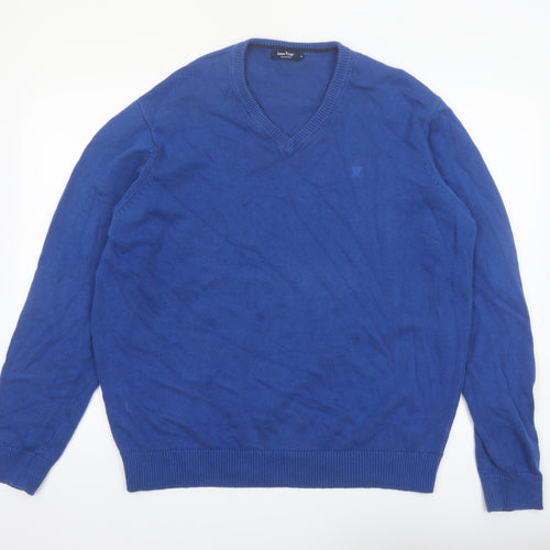 James Pringle Men Blue XL V-Neck Cotton Pullover Jumper