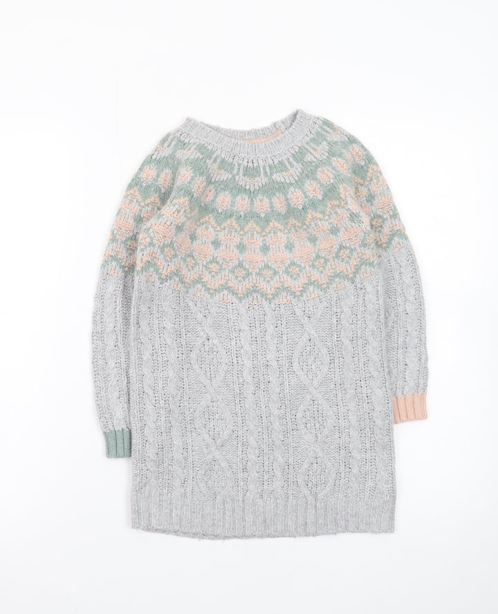 White Stuff Girls Grey Fair Isle Knit Sweater Dress 5-6 Years Winter Casual