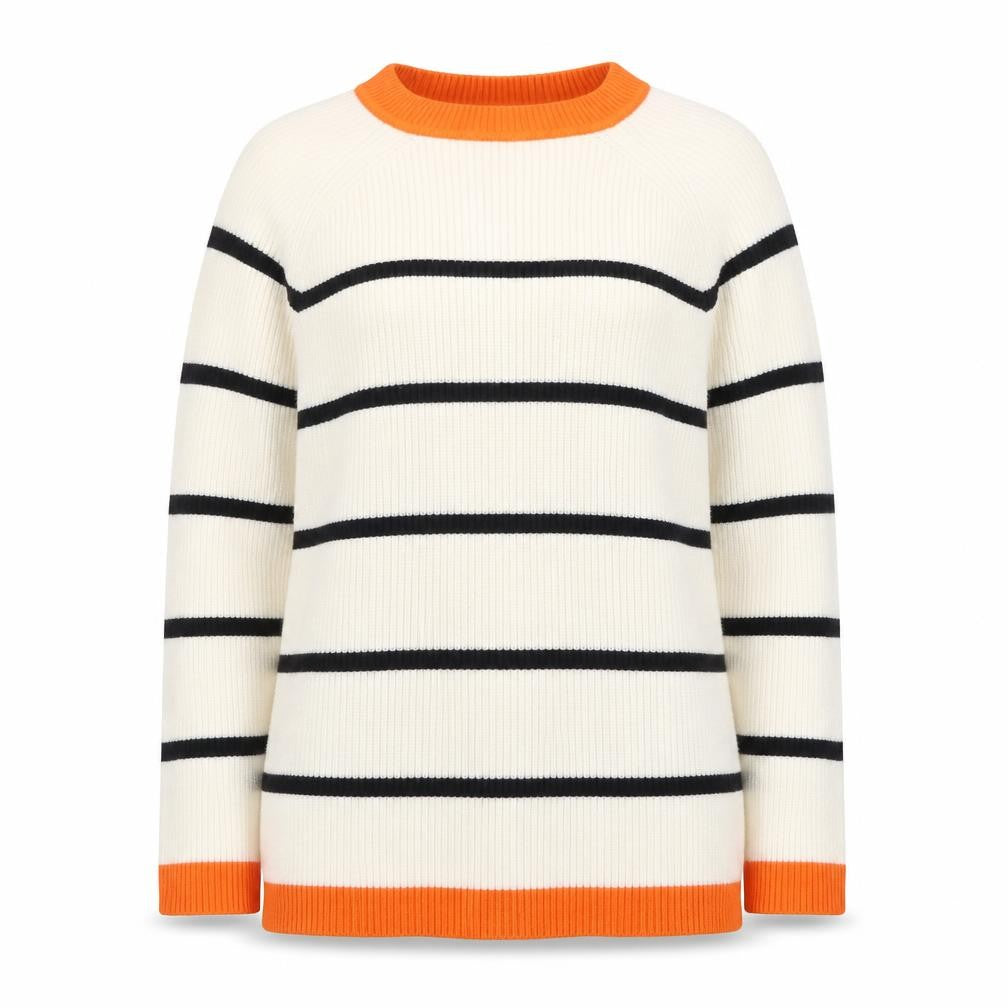 Front view of Selected Femme Women's Ivory Striped High Neck jumper L