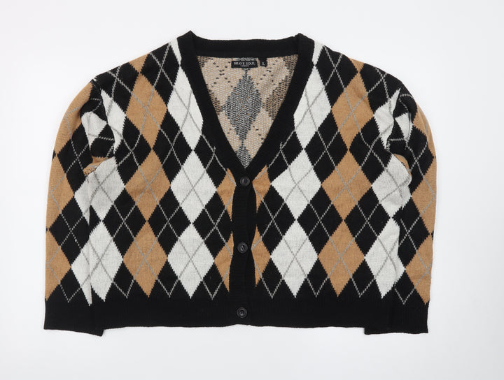 Brave Soul Women's Multicoloured Argyle Knit V-Neck Cardigan L