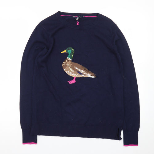 Joules Women's Blue Sequin Duck Jumper UK 10 Cotton Knit Crew Neck