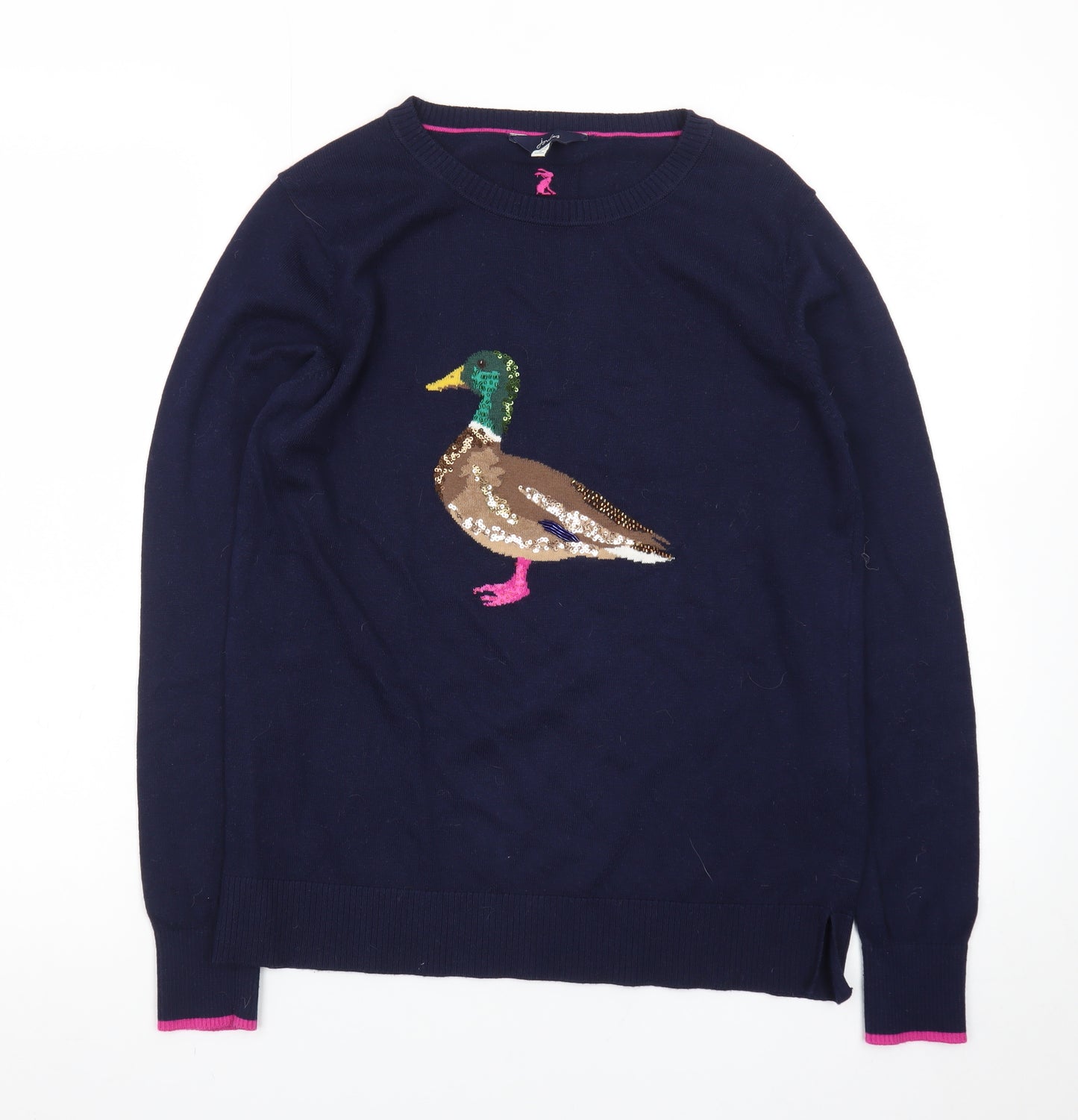 Joules Women's Blue Sequin Duck Jumper UK 10 Cotton Knit Crew Neck