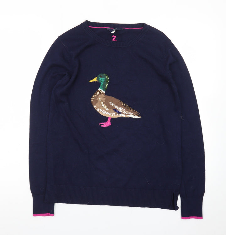 Joules Women's Blue Sequin Duck Jumper UK 10 Cotton Knit Crew Neck