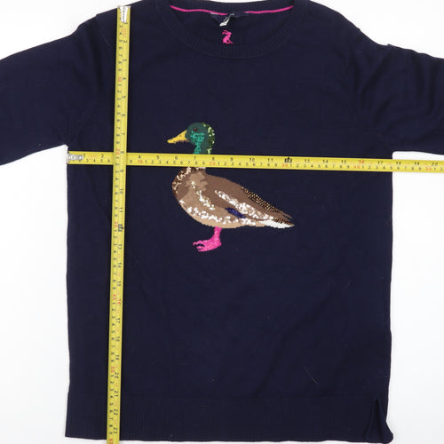 Joules Women's Blue Sequin Duck Jumper UK 10 Cotton Knit Crew Neck