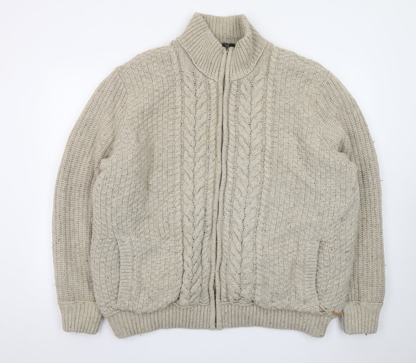 RJR John Rocha Men's Beige 2XL Cable Knit Wool Full Zip Jumper