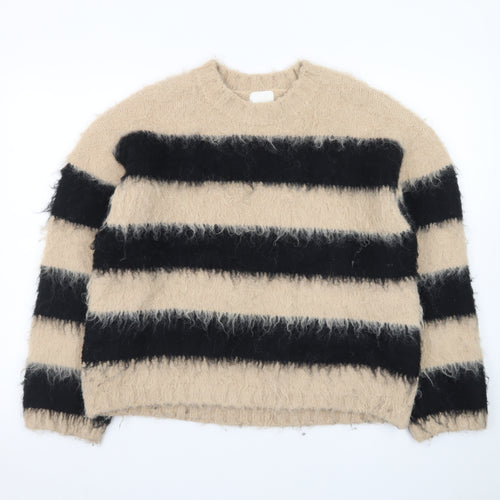 H&M Women Beige Black Striped Chunky-Knit Jumper Size S
