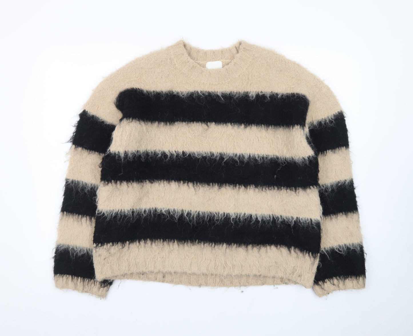 H&M Women Beige Black Striped Chunky-Knit Jumper Size S