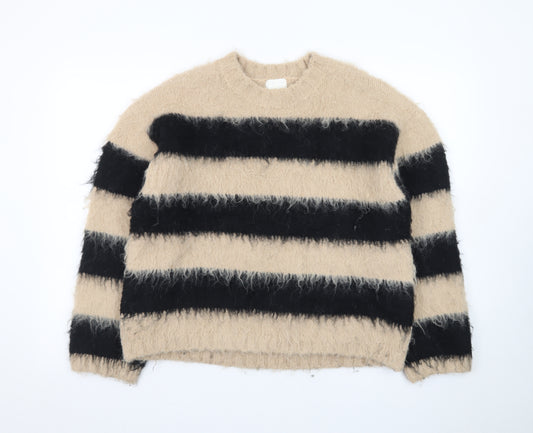 H&M Women Beige Black Striped Chunky-Knit Jumper Size S