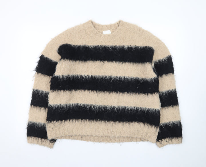 H&M Women Beige Black Striped Chunky-Knit Jumper Size S