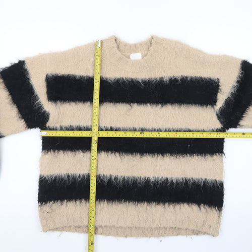 H&M Women Beige Black Striped Chunky-Knit Jumper Size S