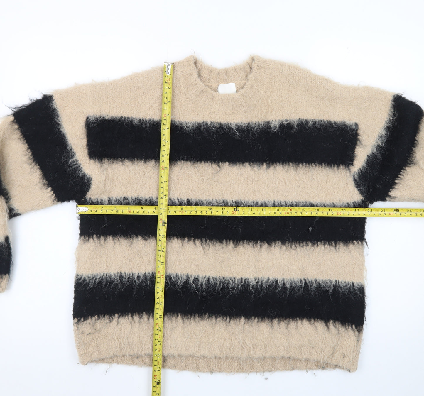 H&M Women Beige Black Striped Chunky-Knit Jumper Size S