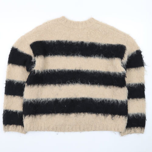 H&M Women Beige Black Striped Chunky-Knit Jumper Size S