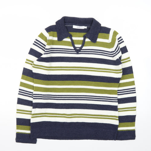 Isle Women Blue Green Striped Collared Pullover Jumper Size S 10-12