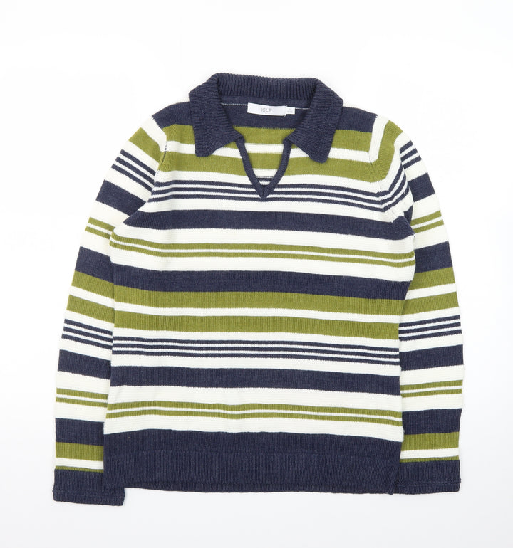 Isle Women Blue Green Striped Collared Pullover Jumper Size S 10-12