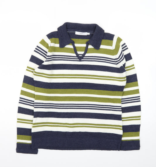 Isle Women Blue Green Striped Collared Pullover Jumper Size S 10-12