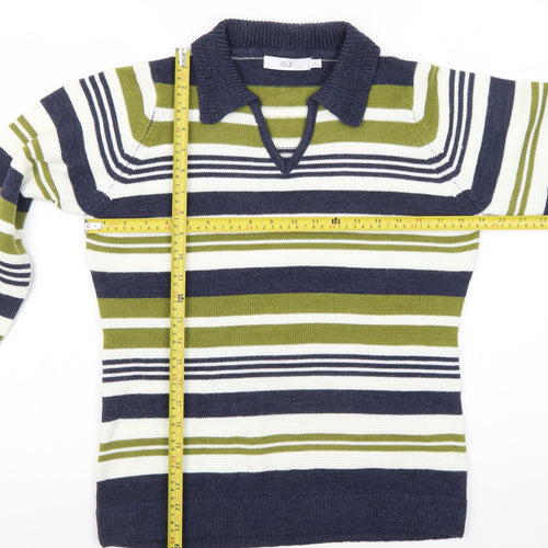 Isle Women Blue Green Striped Collared Pullover Jumper Size S 10-12