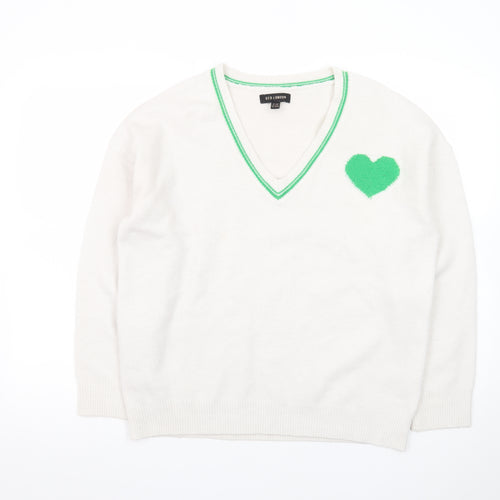QED London Women's White V-Neck Heart Pullover Jumper Size S