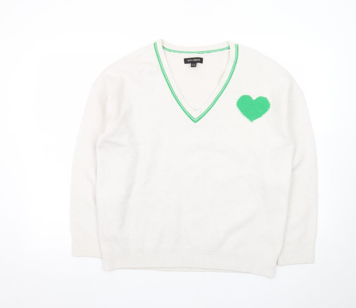 QED London Women's White V-Neck Heart Pullover Jumper Size S