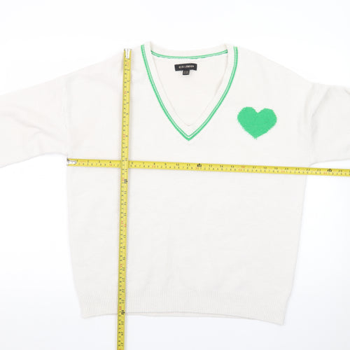 QED London Women's White V-Neck Heart Pullover Jumper Size S