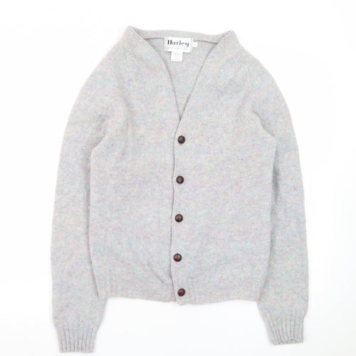 Harley of Scotland Women Grey Wool Cardigan L V-Neck Knit