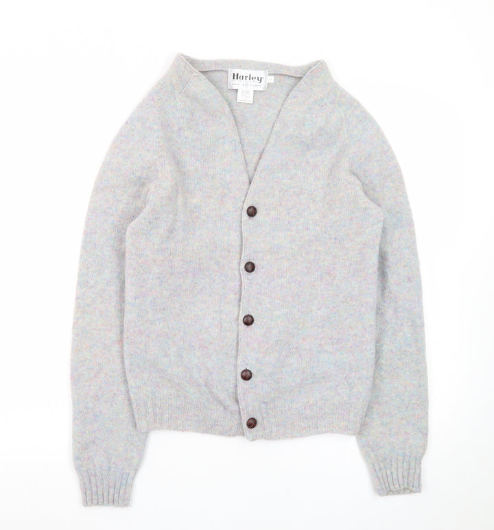 Harley of Scotland Women Grey Wool Cardigan L V-Neck Knit