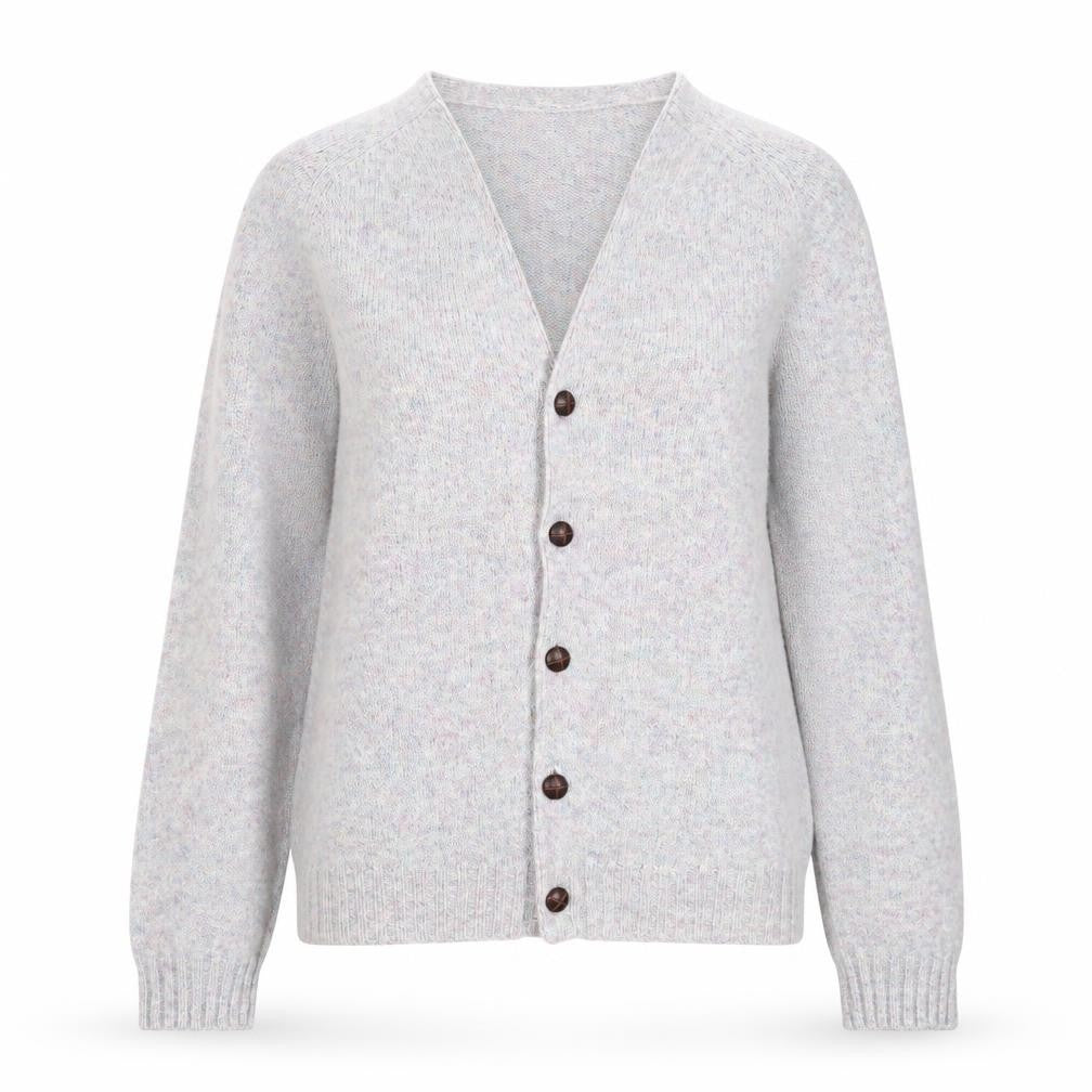 Harley of Scotland Women Grey Wool Cardigan L V-Neck Knit