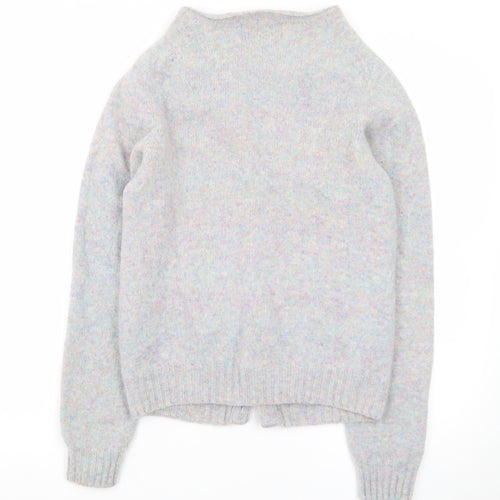 Harley of Scotland Women Grey Wool Cardigan L V-Neck Knit