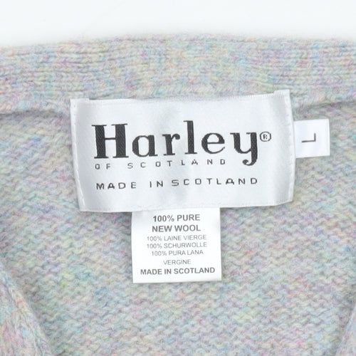 Harley of Scotland Women Grey Wool Cardigan L V-Neck Knit