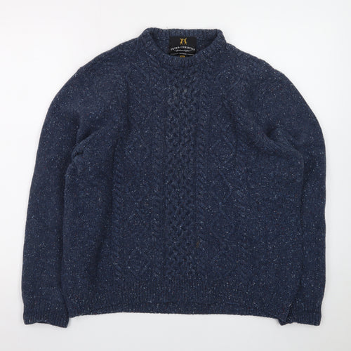 Peter Christian Men's Blue 2XL Cable Knit Wool Crew Neck Jumper