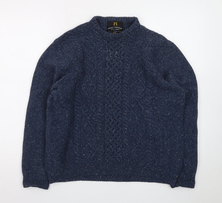 Peter Christian Men's Blue 2XL Cable Knit Wool Crew Neck Jumper