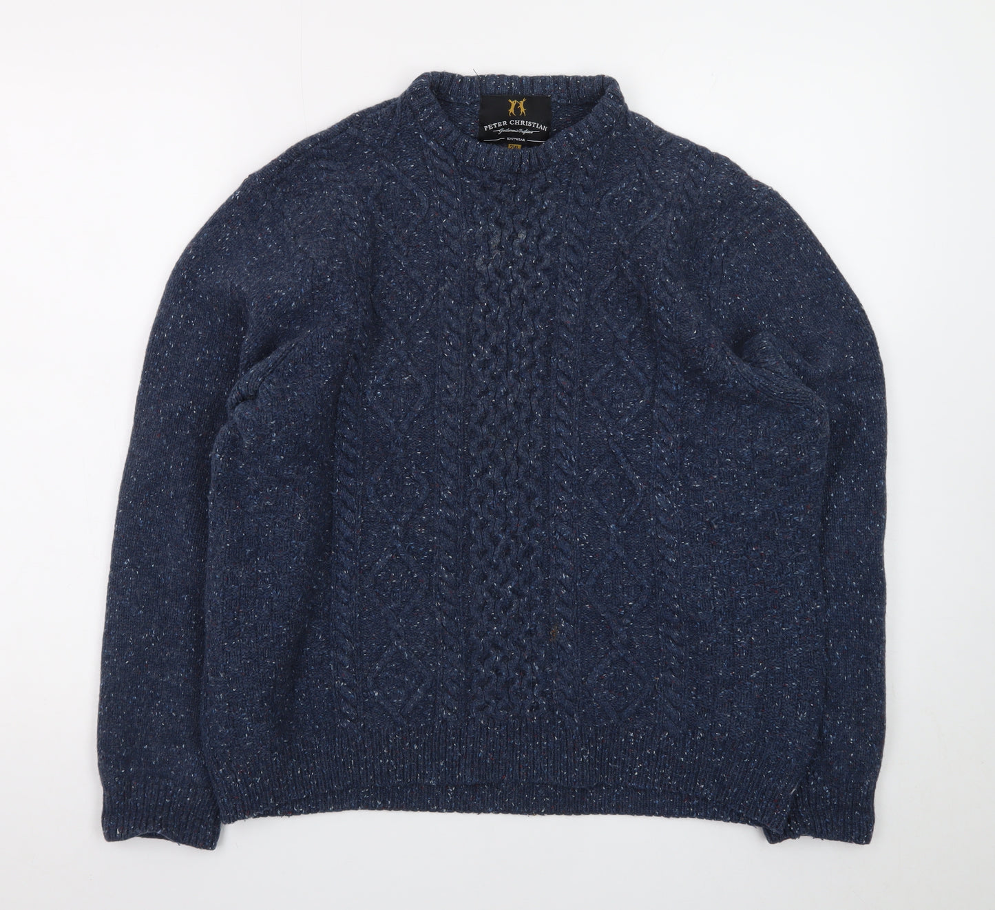 Peter Christian Men's Blue 2XL Cable Knit Wool Crew Neck Jumper