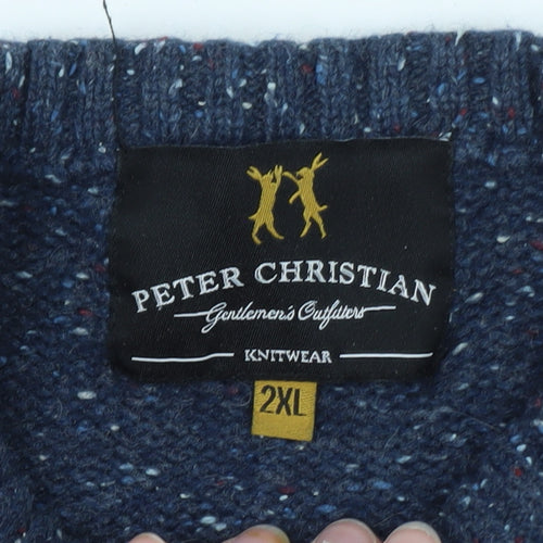 Peter Christian Men's Blue 2XL Cable Knit Wool Crew Neck Jumper