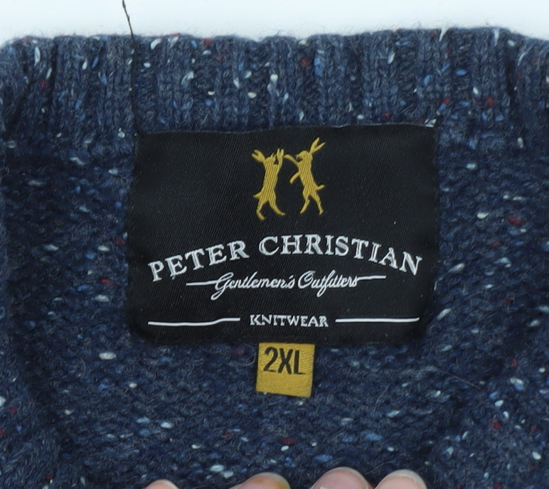 Peter Christian Men's Blue 2XL Cable Knit Wool Crew Neck Jumper