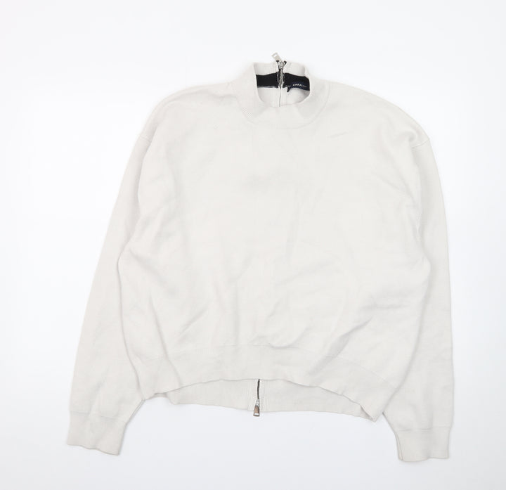 Zara Women's Ivory Mock Neck Full Zip Knit Jumper Size 14
