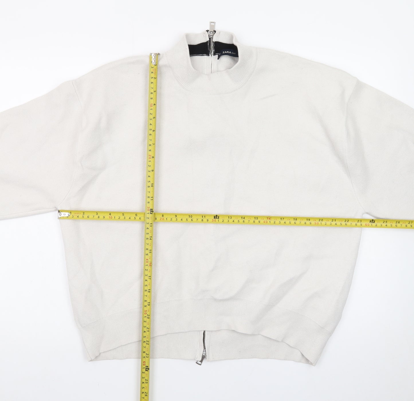 Zara Women's Ivory Mock Neck Full Zip Knit Jumper Size 14