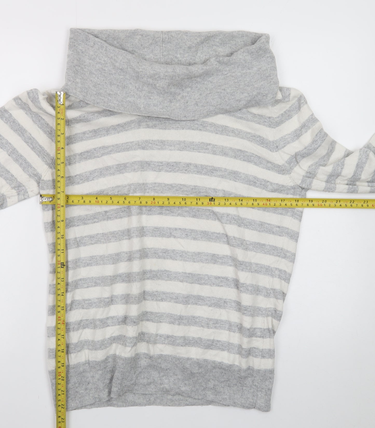 CC Women Grey Striped Cowl Neck Jumper XL Cotton Cashmere Blend