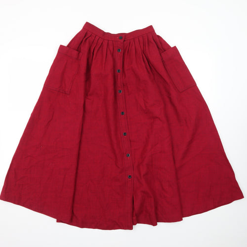 Jaeger Women Red Wool A-Line Midi Skirt Size 6 Button Front Vintage