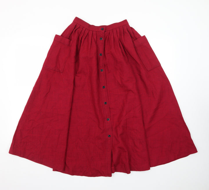 Jaeger Women Red Wool A-Line Midi Skirt Size 6 Button Front Vintage