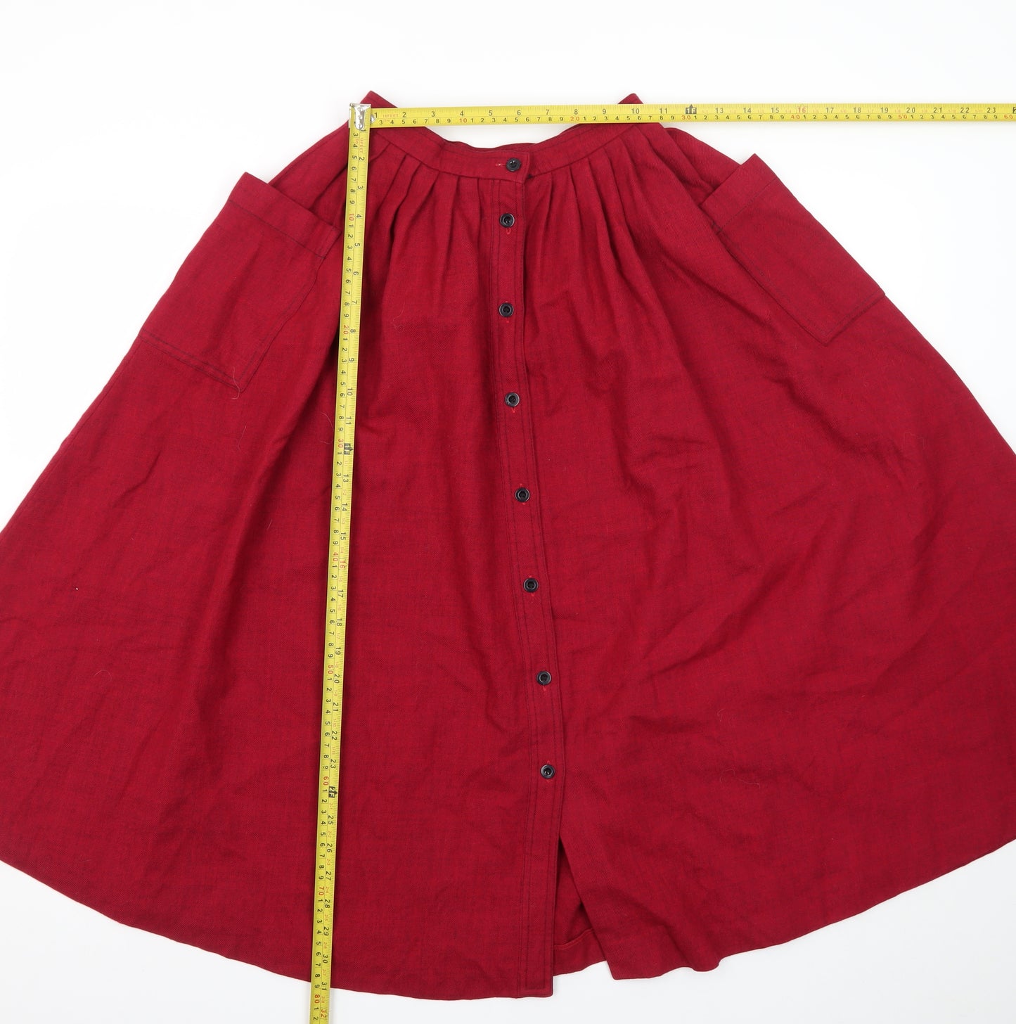 Jaeger Women Red Wool A-Line Midi Skirt Size 6 Button Front Vintage