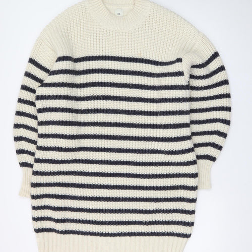 River Island Women Ivory Navy Striped Long Sleeve Jumper Dress L