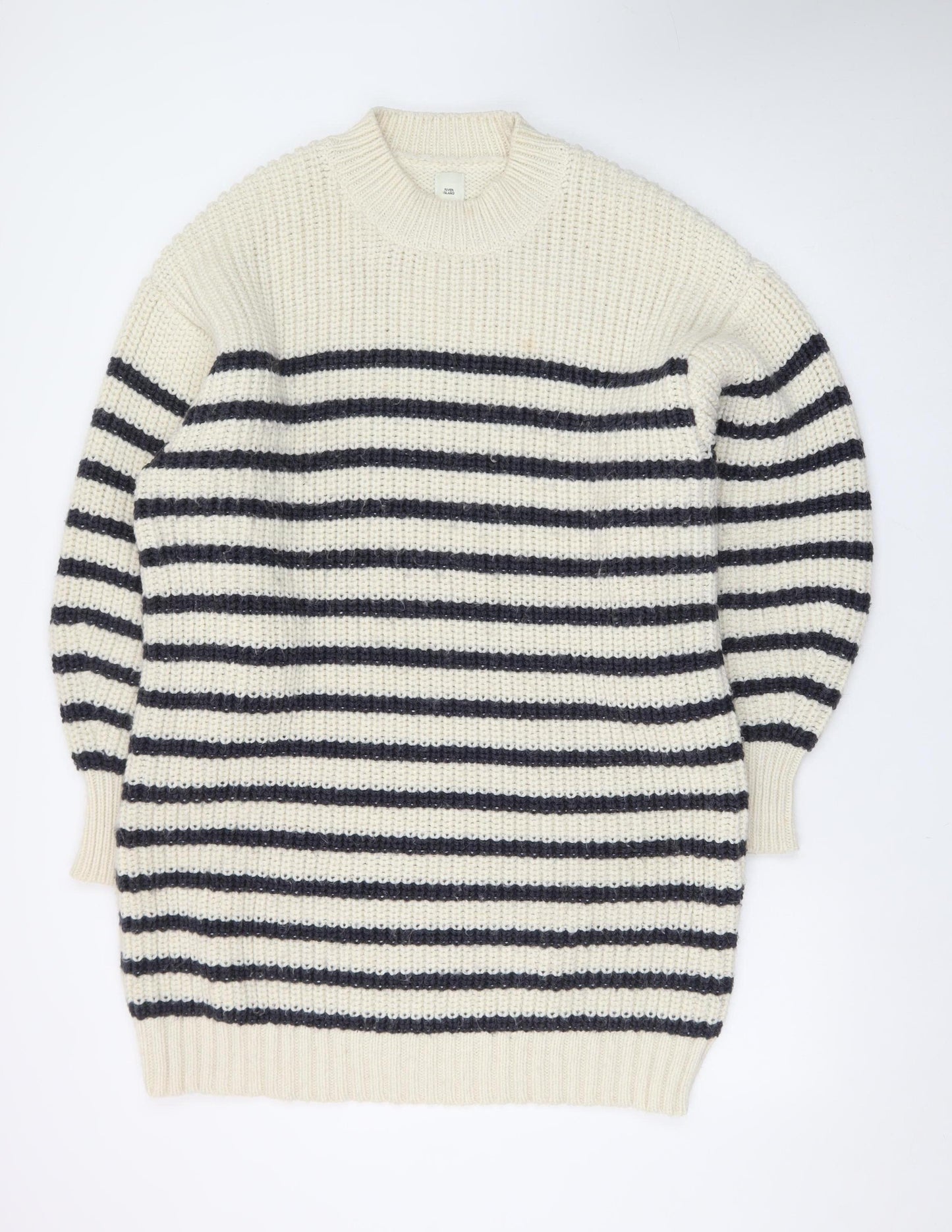 River Island Women Ivory Navy Striped Long Sleeve Jumper Dress L