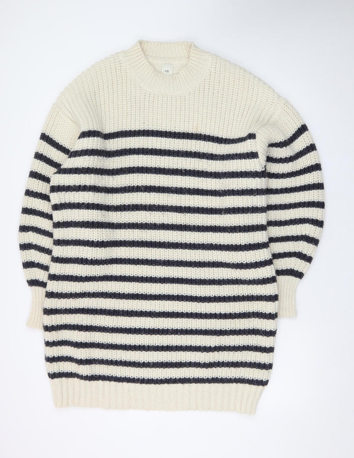 River Island Women Ivory Navy Striped Long Sleeve Jumper Dress L