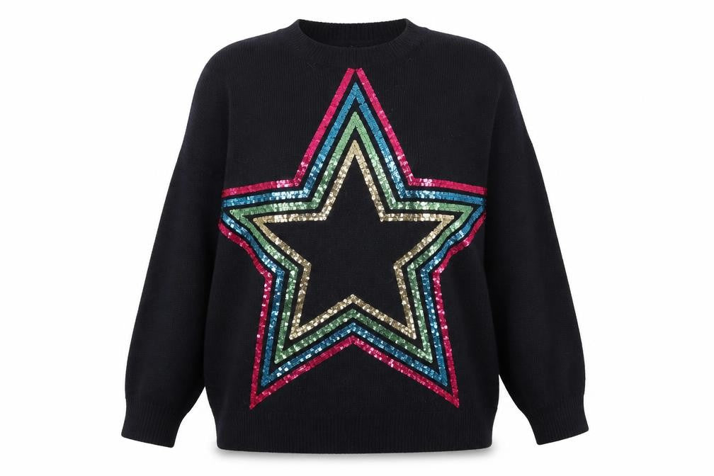 Front view of Next Women Black XL Sequin Star jumper
