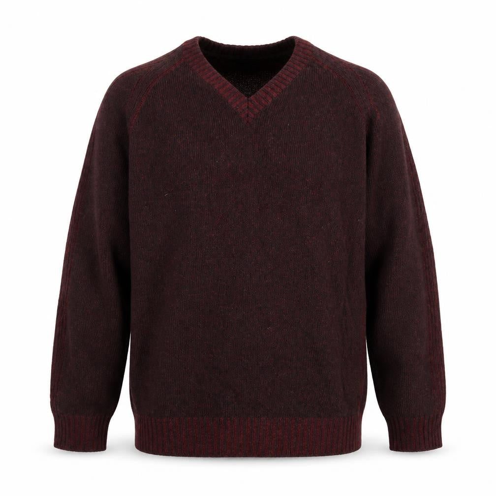 Front view of Melka Men's Brown Wool V-Neck jumper XL